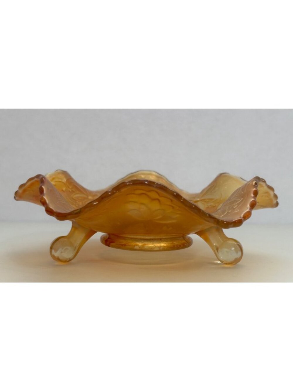 Fenton Carnival Glass Footed Dish Floral Marigold Iridescent Scalloped Edges - Picture 2 of 10